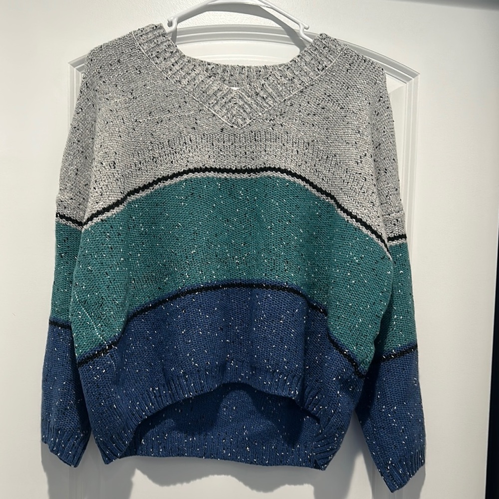 SHEIN Gray and Green V-Neck Sweater